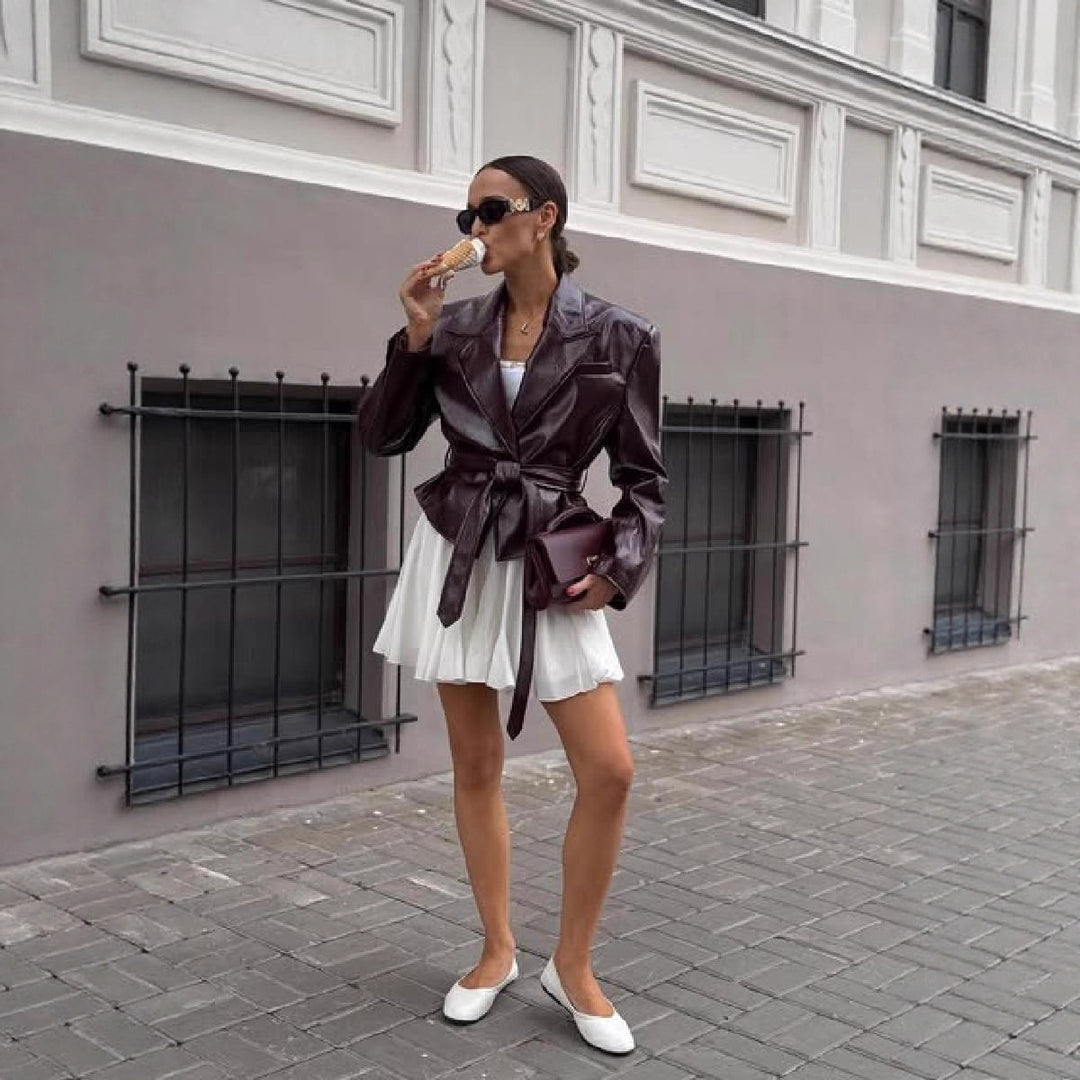 Damen Kunstlederblazer mit taillierbarem Gürtel Drune