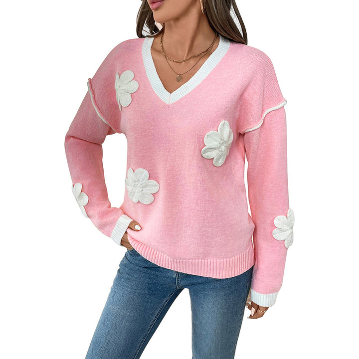 Damen verspielter Strickpullover mit vorteilhaftem V-Ausschnitt und aufwendigen Blumenapplikationen Drune