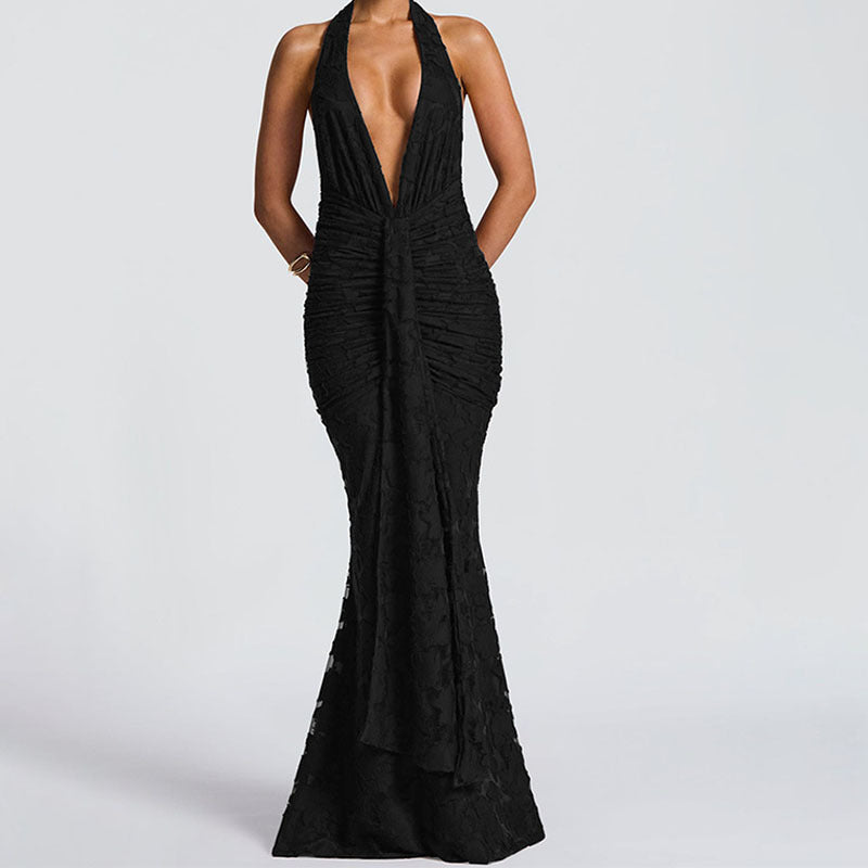 Damen Elegantes, figurbetontes Abendkleid mit tiefem V-Ausschnitt und Rüschendetails Drune