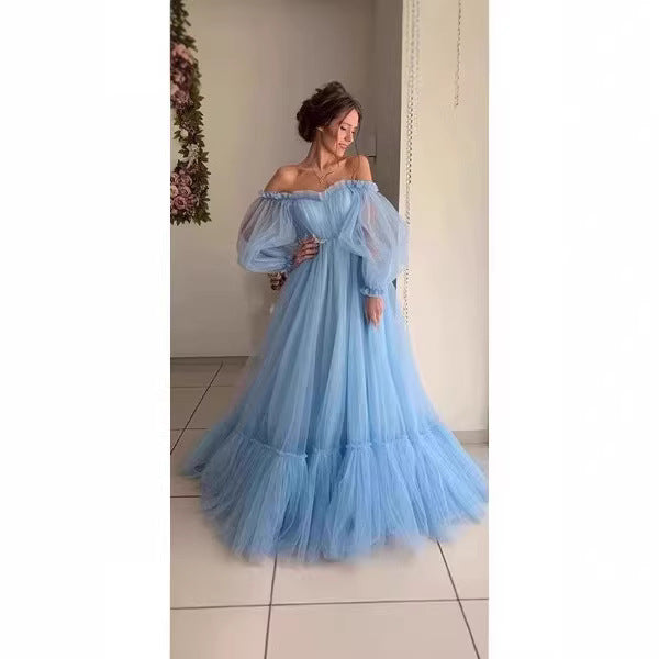 Damen Tüll Abendkleid mit schulterfreiem Design und voluminösen Ärmeln Drune