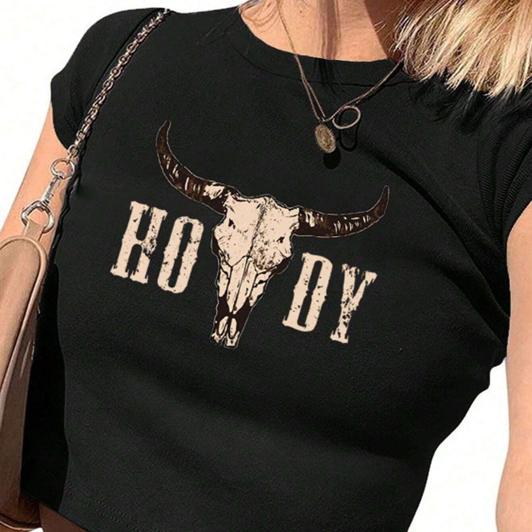 Damen Crop-T-Shirt mit kreativen Cow Skull Design Drune