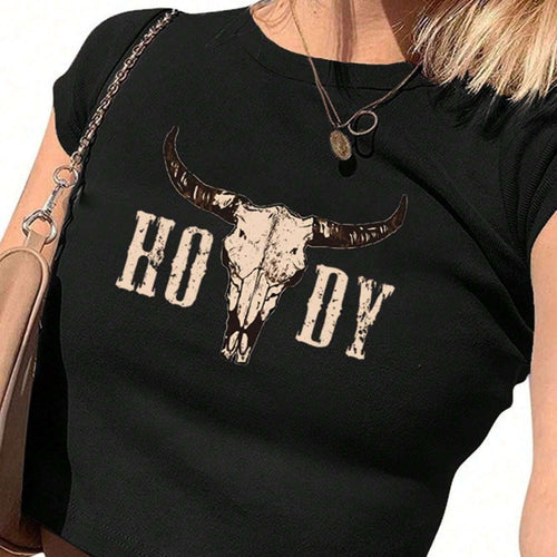 Damen Crop-T-Shirt mit kreativen Cow Skull Design Drune