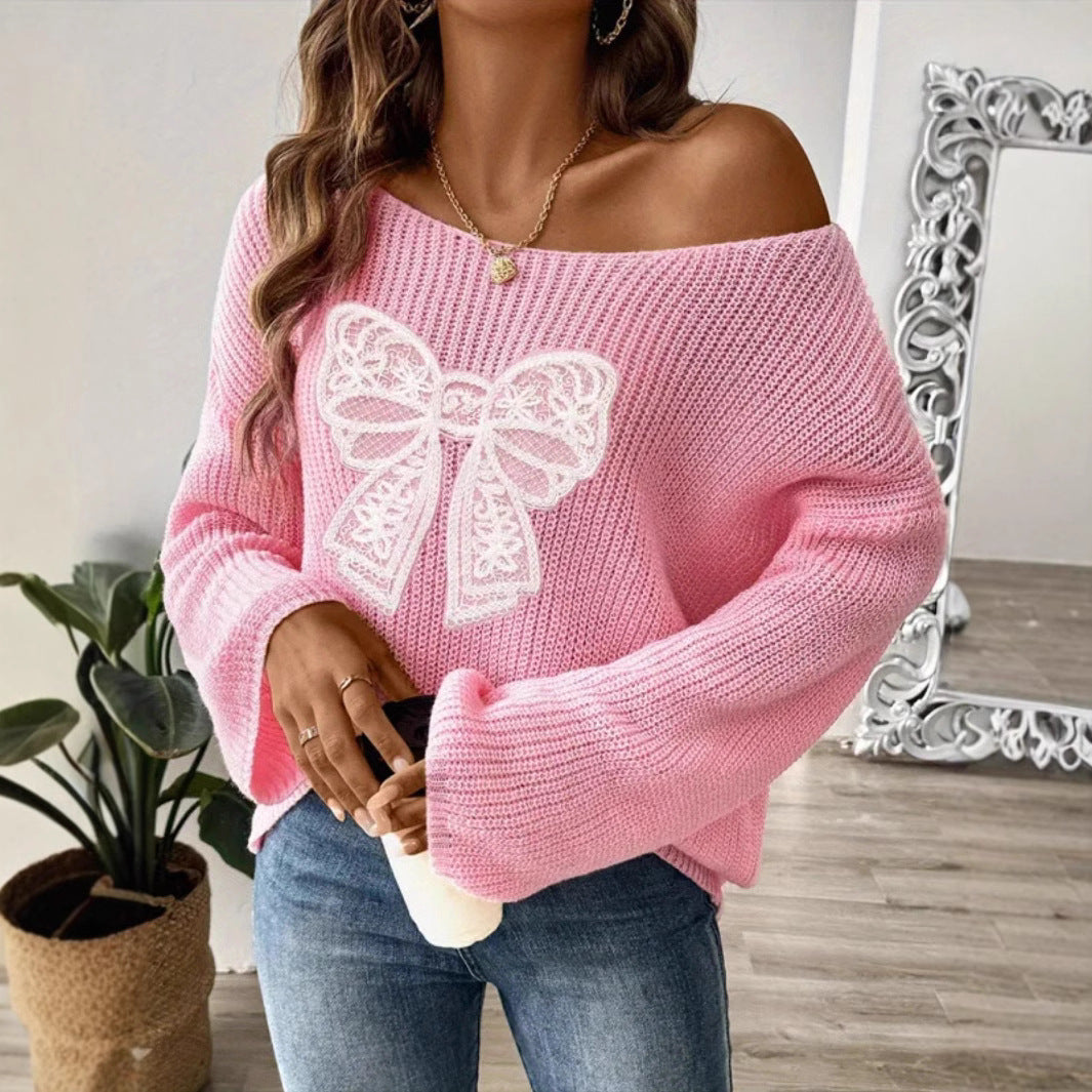 Damen Oversized Strickpullover mit romantischem Schleifenmotiv Drune