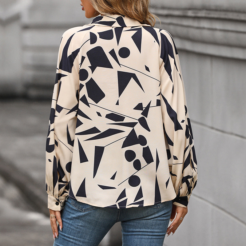 Damen lässige Bluse mit modernem grafischem Druck und voluminösen Ärmeln Drune