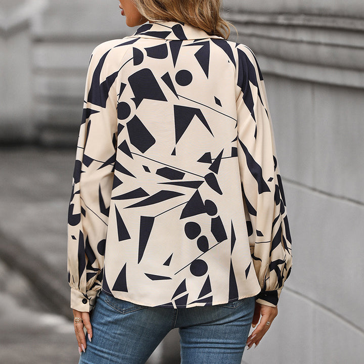 Damen lässige Bluse mit modernem grafischem Druck und voluminösen Ärmeln Drune