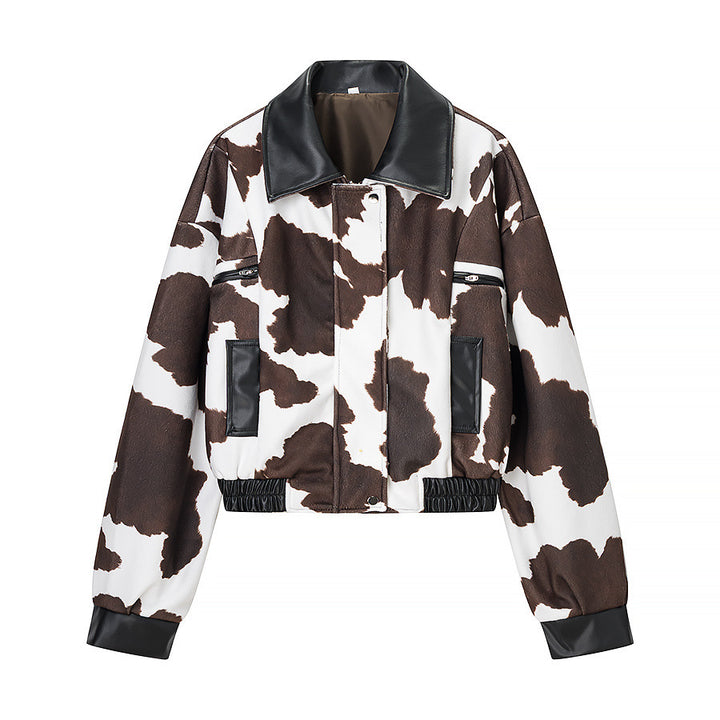 Damen nan cropped Bomberjacke mit Kuhflecken-Muster und Kunstlederbesatz Drune