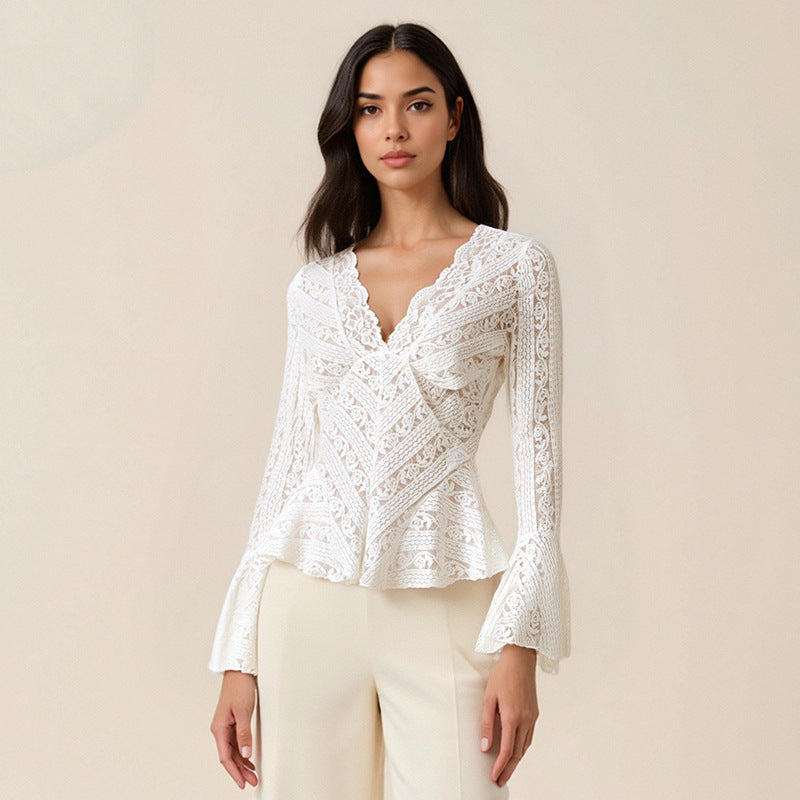 Damen Spitzenshirt mit ausgestellten Ärmeln und tailliertem Schnitt Drune