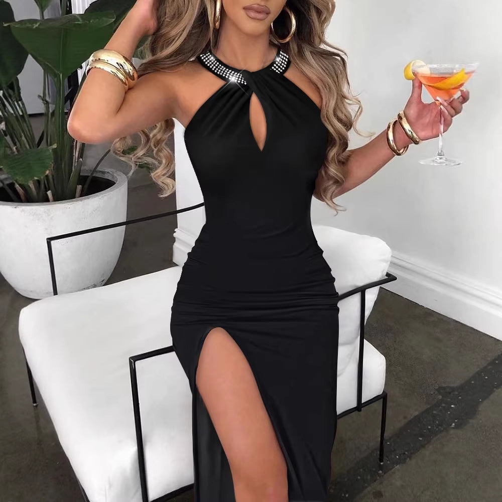 Damen Elegantes Schlauchkleid mit Strassdetails und sexy Beinschlitz Drune