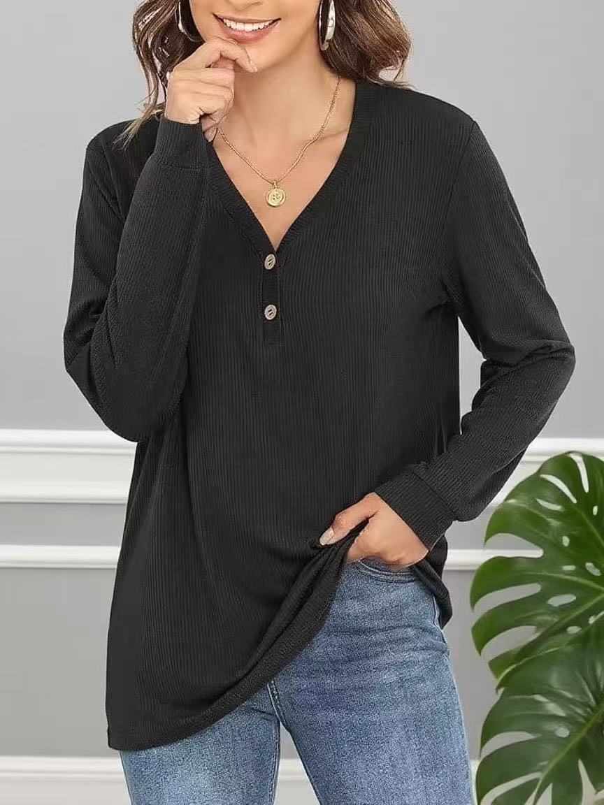 Damen lässiges Langarmshirt mit Knopfleiste und feiner Struktur Drune