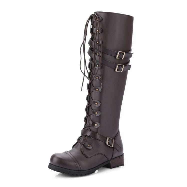Damen nan kniehohe Schnürstiefel im Militär-Vintage Stil mit dekorativen Riemen und verstellbaren Schnallen Drune