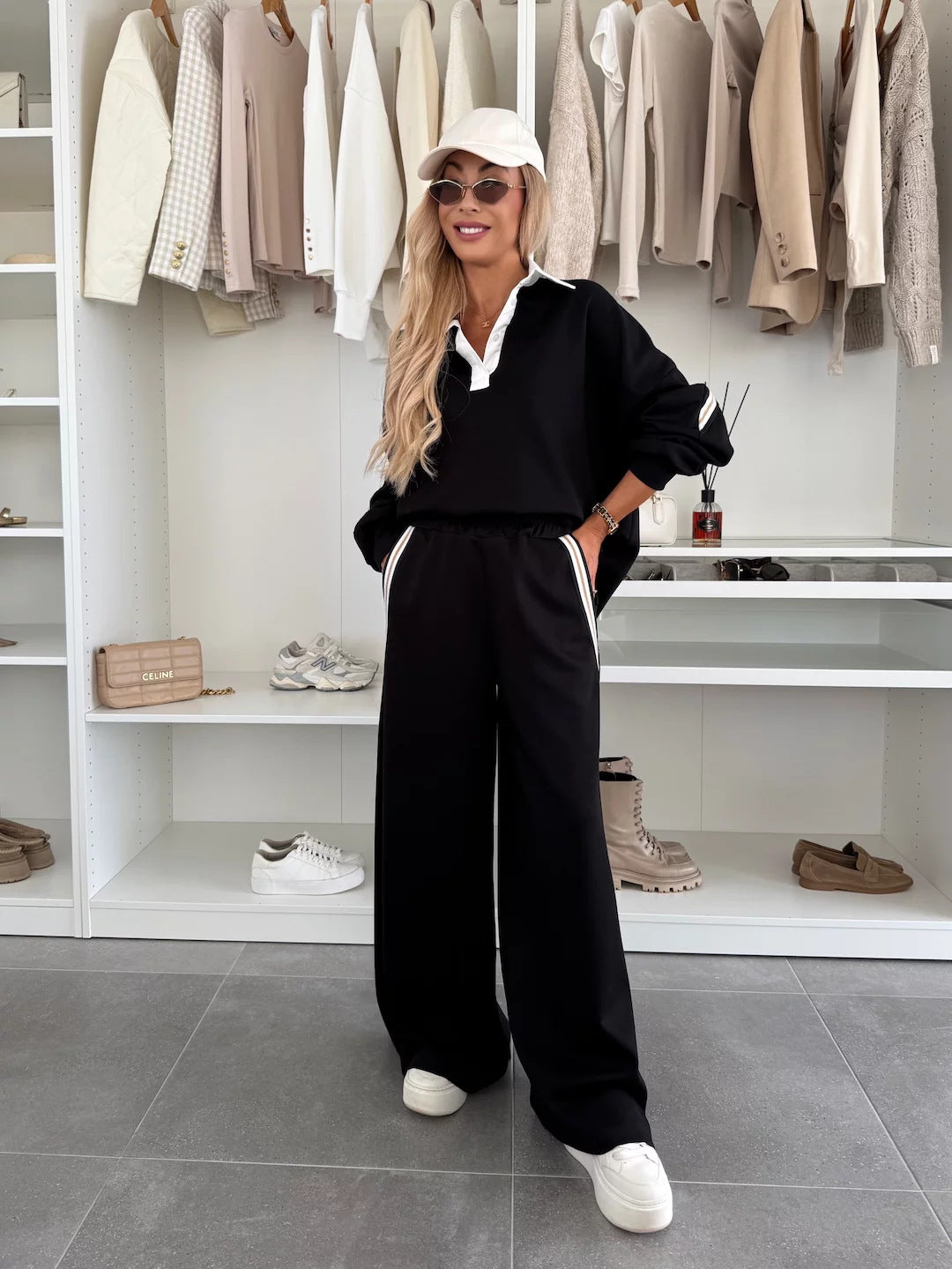 Damen lässiger Poloshirt-Look mit weiter Hose Drune