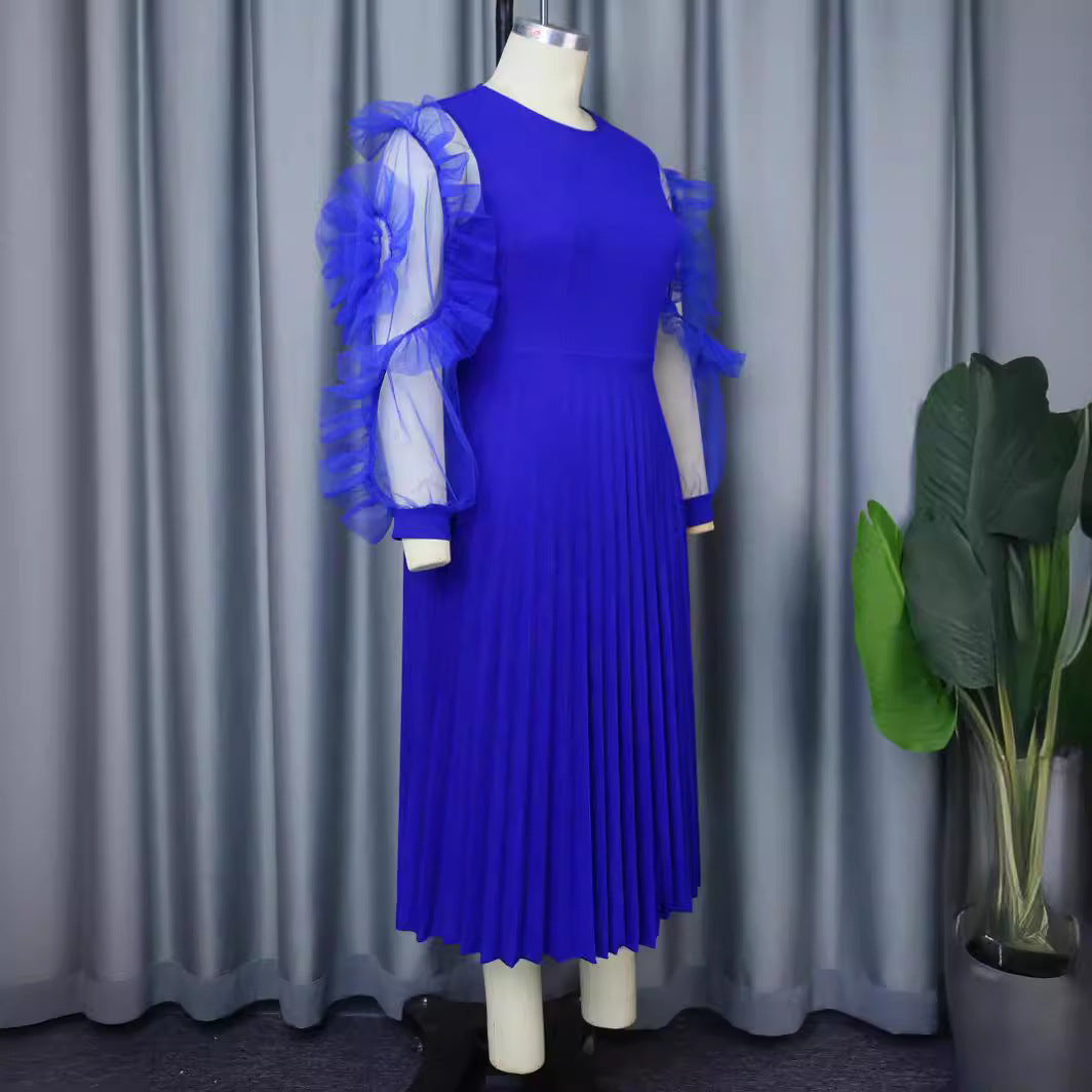 Damen plissiertes Kleid mit voluminösen Tüllärmeln Drune