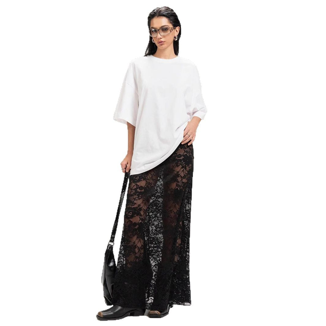 Damen Maxirock aus eleganter Spitze mit hohem Schlitz und voluminösem Schnitt Drune