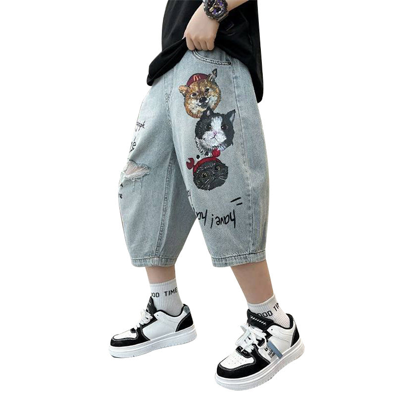 Unisex lockere Denim-Cargo-Shorts mit kreativen Tiermotiven Drune