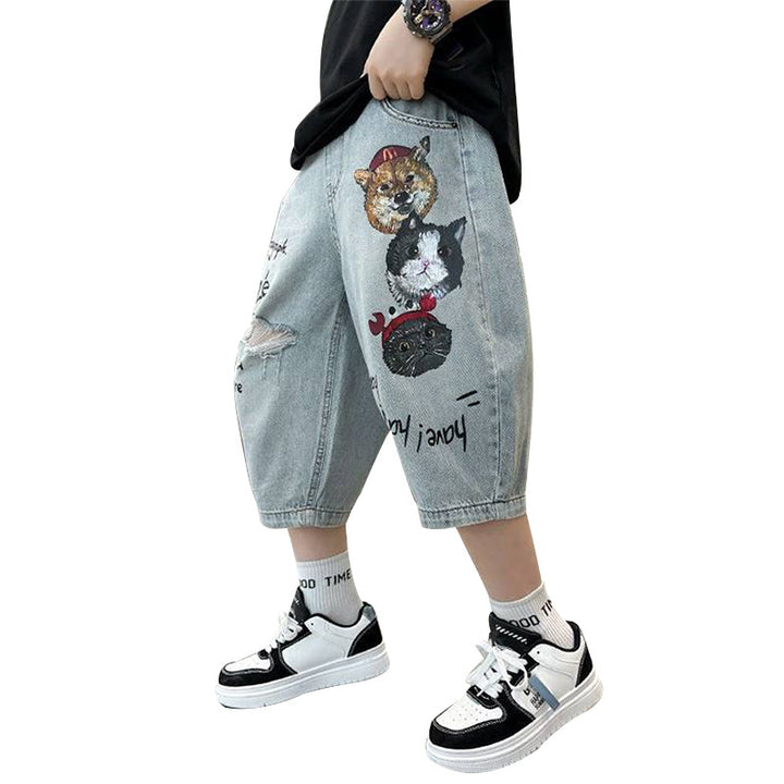 Unisex lockere Denim-Cargo-Shorts mit kreativen Tiermotiven Drune
