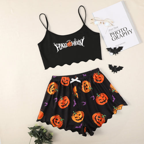 Damen lässiges Halloween Pyjama-Set mit Crop-Top und Shorts Drune