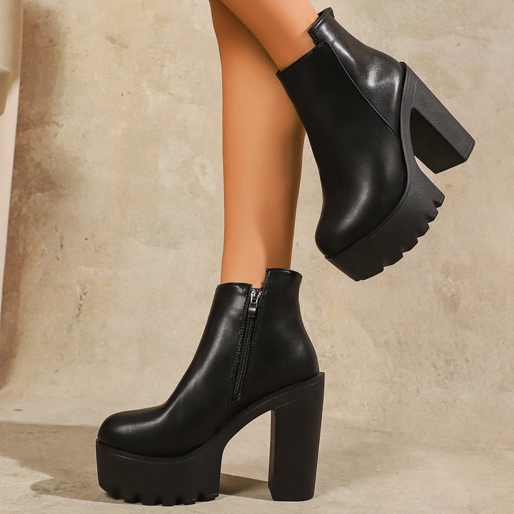 Damen Modische Plateau Stiefeletten mit markantem Blockabsatz und Reißverschluss Drune
