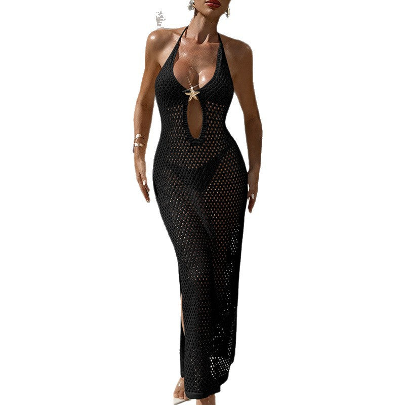 Damen Häkel-Strandkleid mit tiefem V-Ausschnitt und transparentem Netzdesign Drune