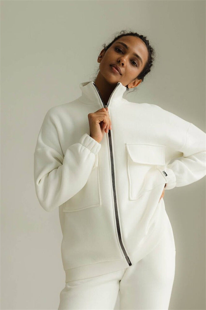 Damen sportlicher Fleece-Kapuzenpullover mit Reißverschluss und praktischen Taschen Drune