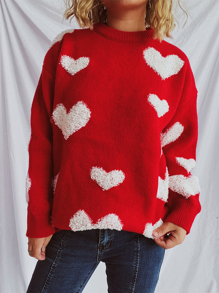 Damen Pullover mit Herzmuster und flauschigen Applikationen Drune