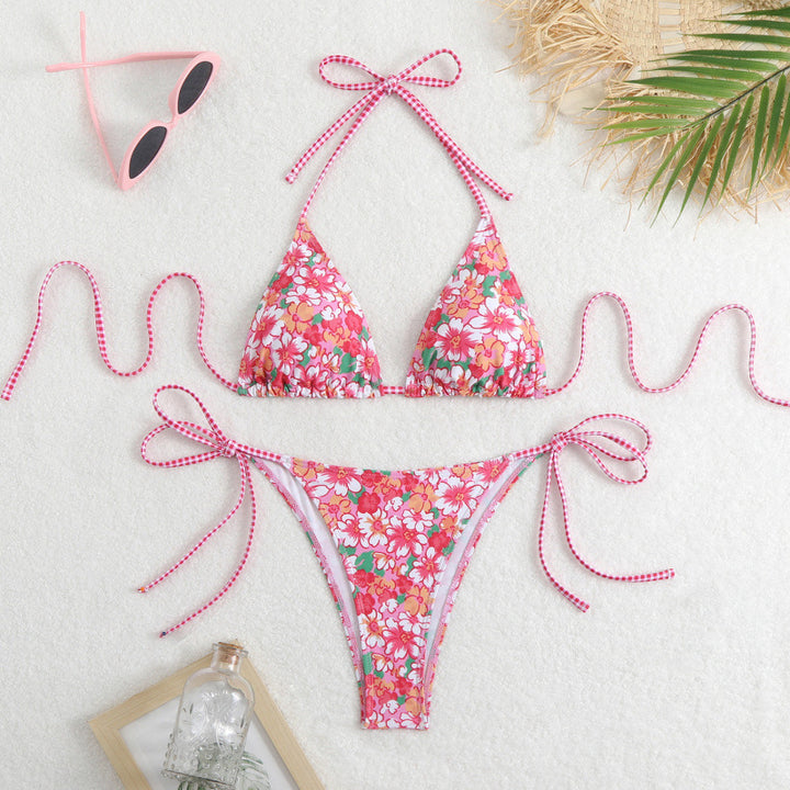 Damen Triangel-Bikini mit floralem Muster und verspieltem Bindeband Drune