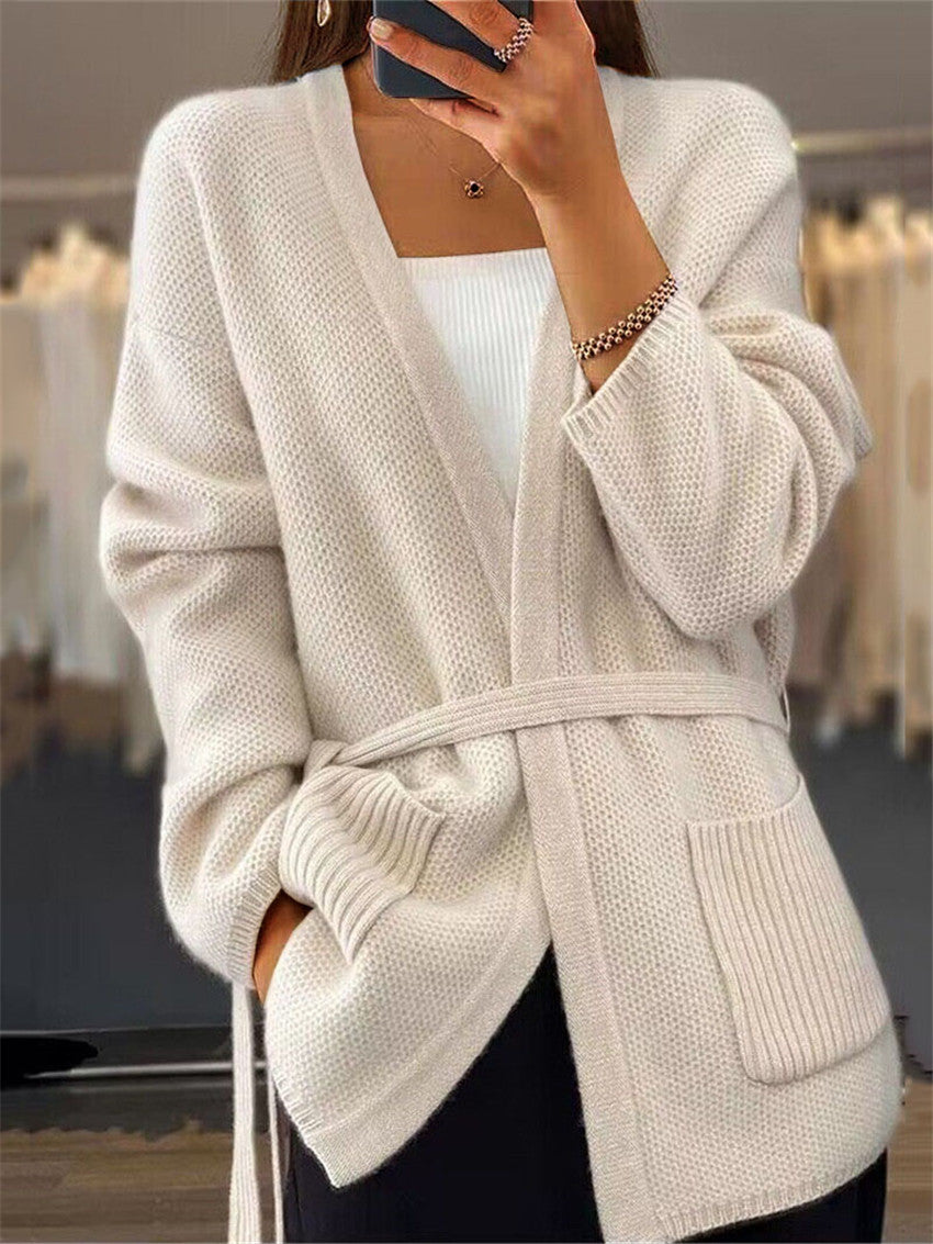 Damen nan lange Strickjacke mit Bindegürtel, aufgesetzten Rippentaschen und lockerem Waffelstrick Drune