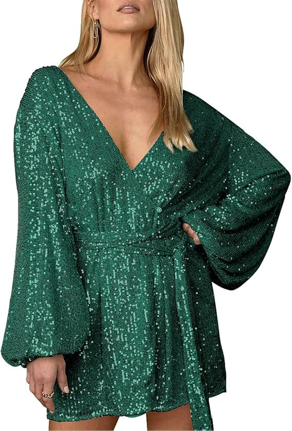 Damen Glitzerndes Minikleid mit tiefem Ausschnitt und weitem Ärmel Drune