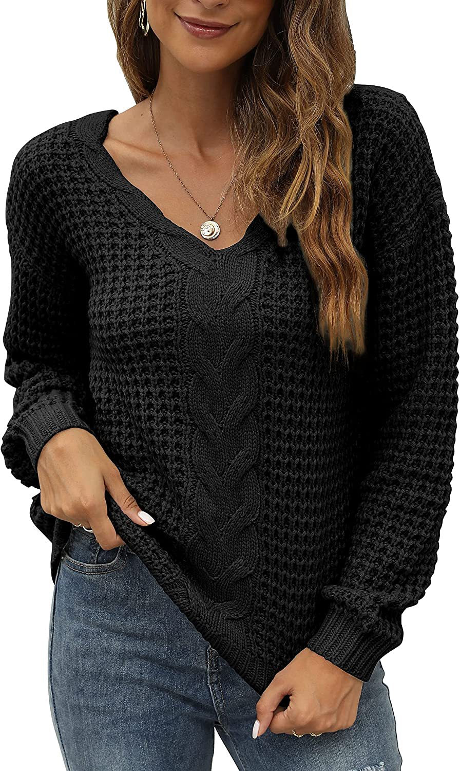 Damen lässiger Strickpullover mit tiefem V-Ausschnitt und detailliertem Zopfmuster Drune