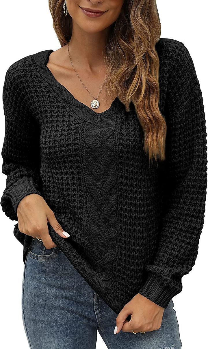 Damen lässiger Strickpullover mit tiefem V-Ausschnitt und detailliertem Zopfmuster Drune