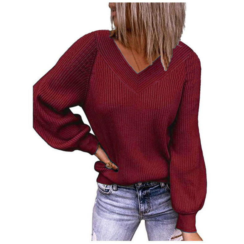 Damen Strickpullover mit V-Ausschnitt und Ballonärmeln Drune