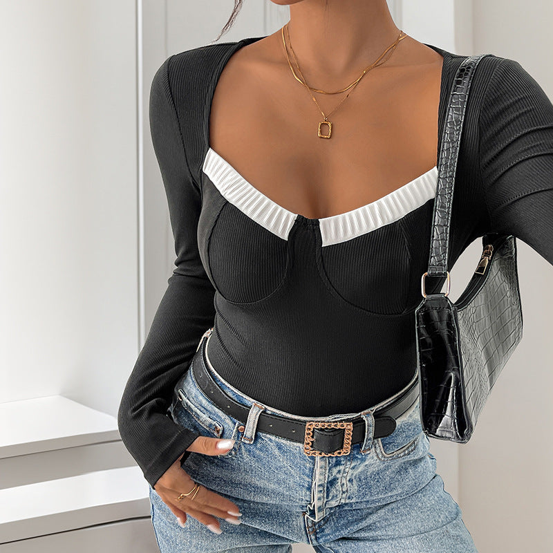 Damen figurbetontes Bodysuit mit langen Ärmeln und elegantem Spitzeneinsatz Drune