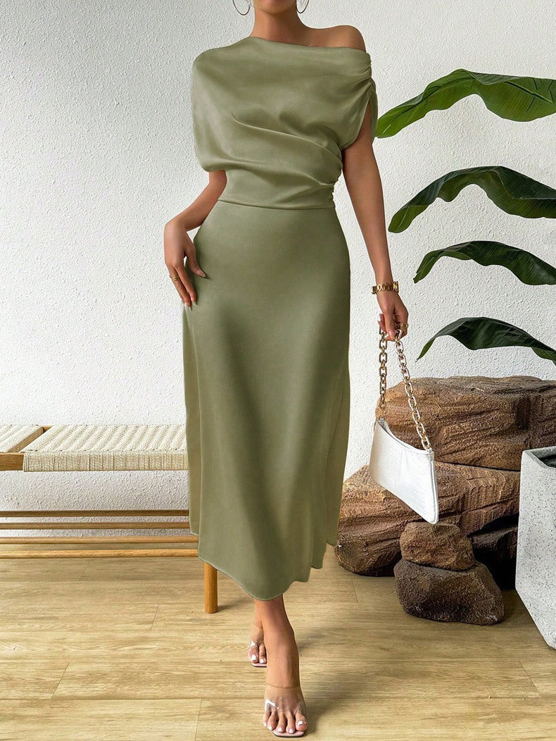 Damen Elegantes Wickelkleid mit asymmetrischem Oberteil und fließendem Schnitt Drune