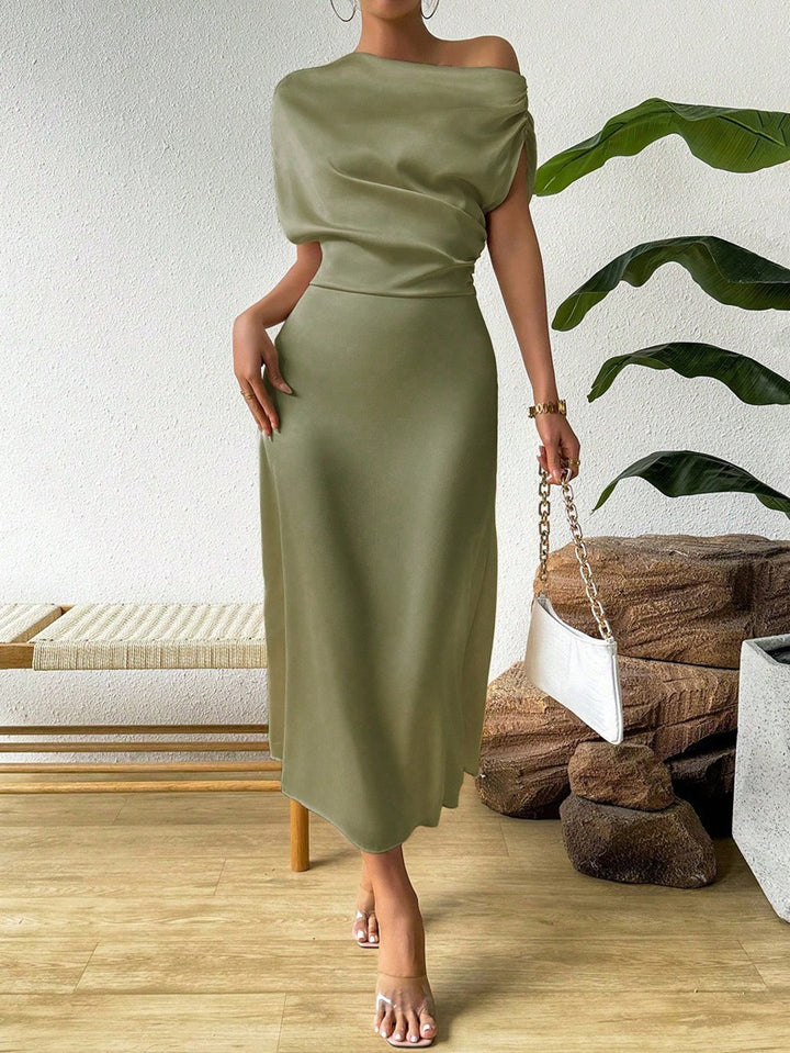 Damen Elegantes Wickelkleid mit asymmetrischem Oberteil und fließendem Schnitt Drune