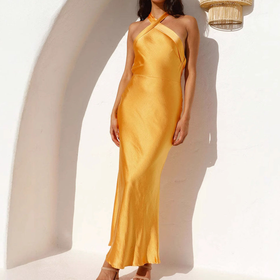 Damen elegantes Abendkleid mit asymmetrischem Ausschnitt und fließendem Satinfall Drune