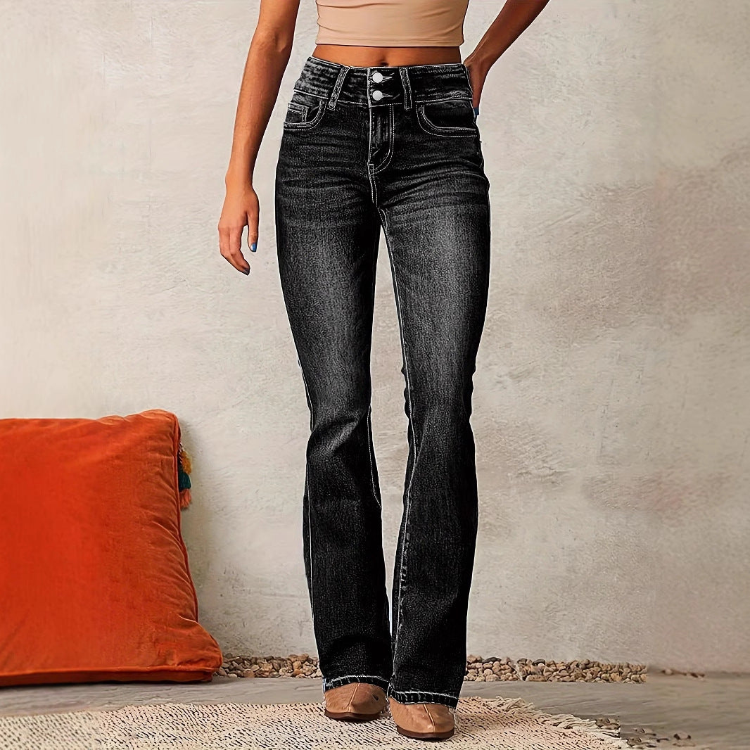 Damen Hohe Taille Flared Jeans mit dekorativen Knopfdetails und figurschmeichelndem Schnitt Drune