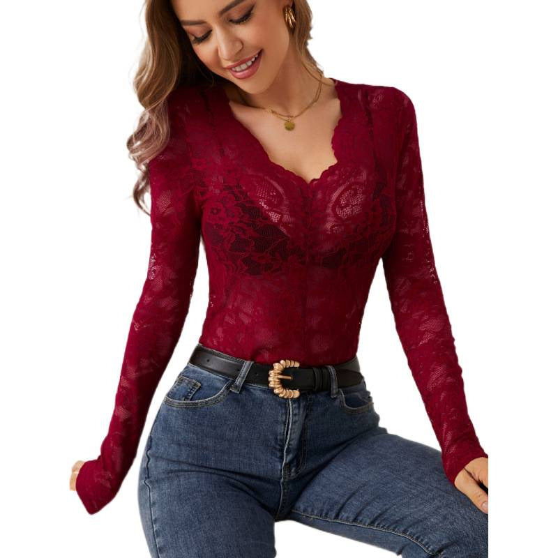 Damen Spitzen-Bodysuit mit tiefem V-Ausschnitt und transparenten Ärmeln Drune