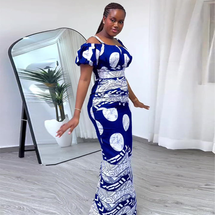 Damen Maxikleid mit voluminösen Puffärmeln und grafischem Muster Drune