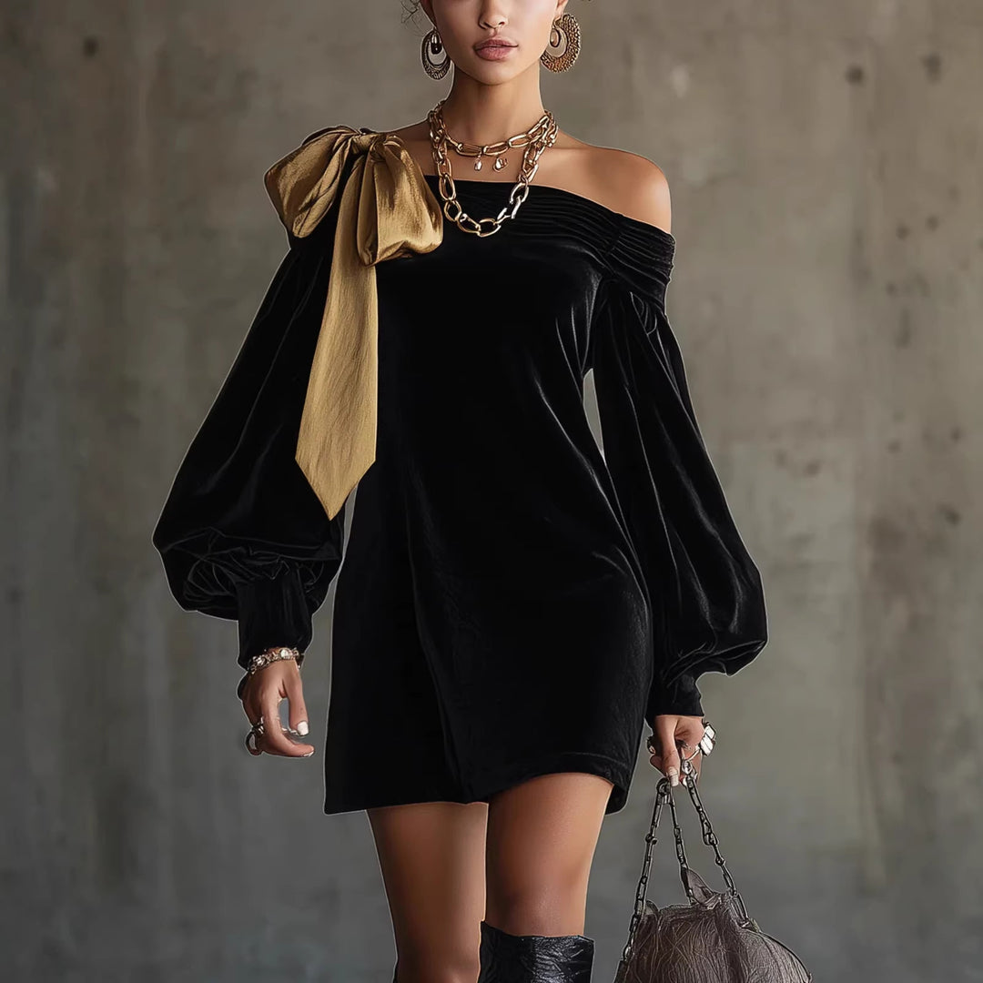 Damen Verspielt-elegantes Mini-Kleid mit asymmetrischem Ausschnitt und Puffärmeln Drune