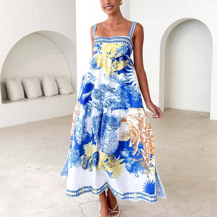 Damen Maxi-Strandkleid im floralen Design mit verstellbaren Spaghettiträgern Drune