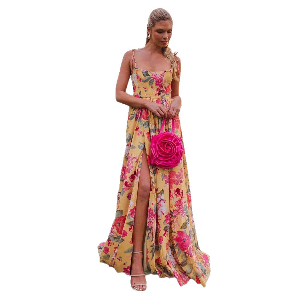 Damen Maxi-Langarmkleid mit floralem Muster und Rüschendetails Drune