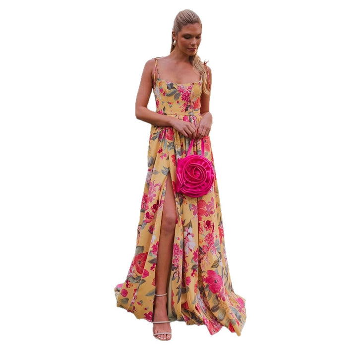 Damen Maxi-Langarmkleid mit floralem Muster und Rüschendetails Drune