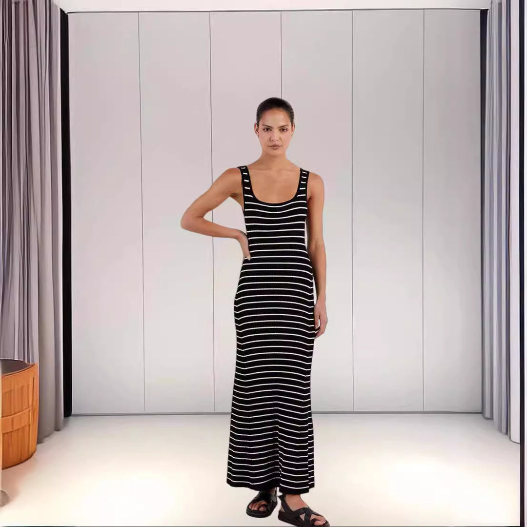 Damen Langes Strickkleid mit modischem Streifenmuster und tiefem Ausschnitt Drune