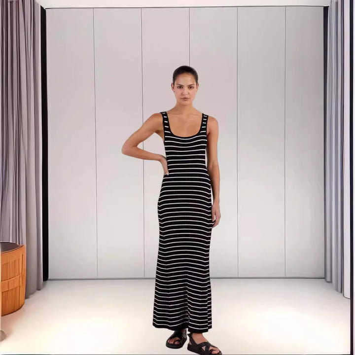 Damen Langes Strickkleid mit modischem Streifenmuster und tiefem Ausschnitt Drune