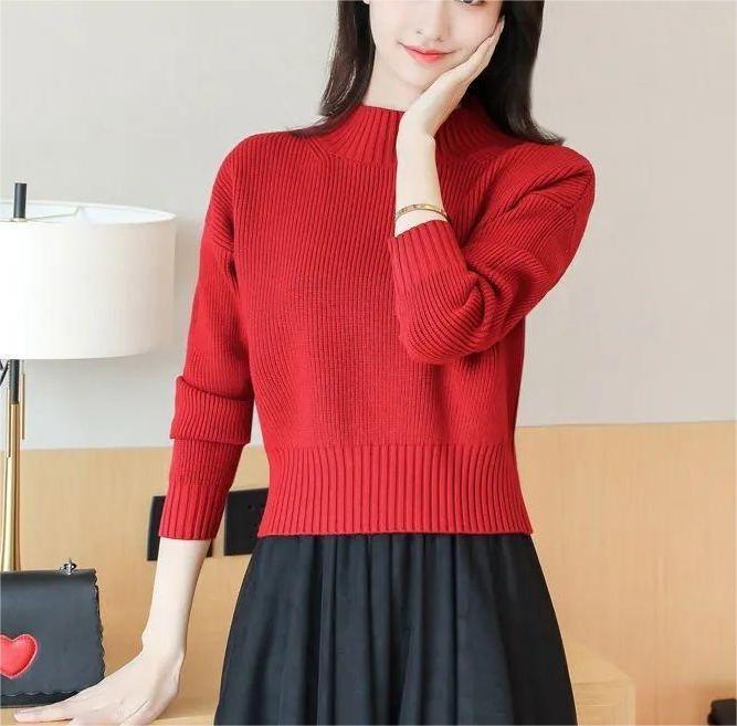 Damen lässiger Strickpullover mit hohem Kragen und feinen Rippdetails Drune