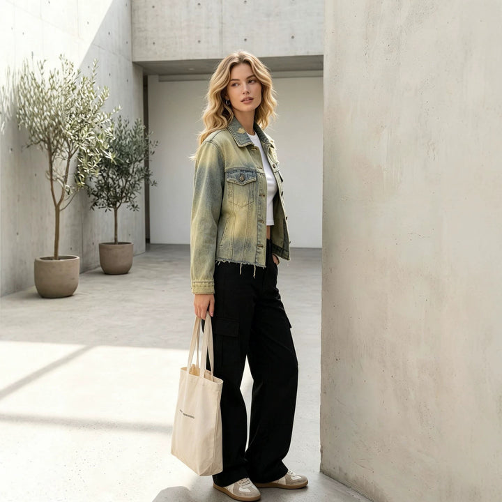 Damen nan kurze Denimjacke im Destroyed-Look mit Brusttaschen und rohem Saum Drune