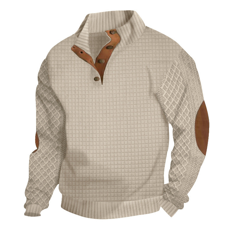 Herren nan Halbknopf-Stehkragenpullover mit Wabenstruktur und Lederbesatz Drune