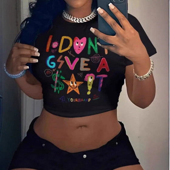 Damen Crop-T-Shirt mit kreativem Aussage-Design Drune