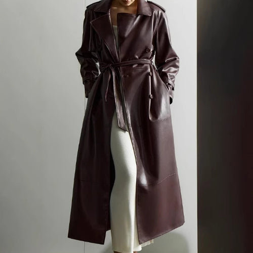 Damen Trenchcoat aus hochwertigem Kunstleder mit taillierbarem Gürtel Drune