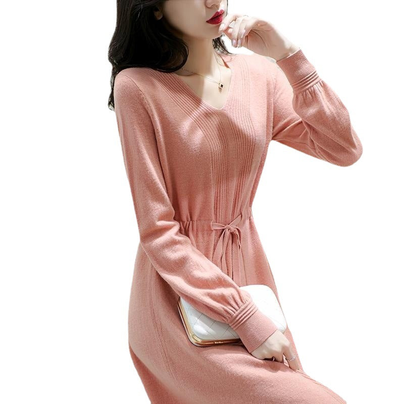 Damen Strickkleid mit V-Ausschnitt und Taillengürtel Drune
