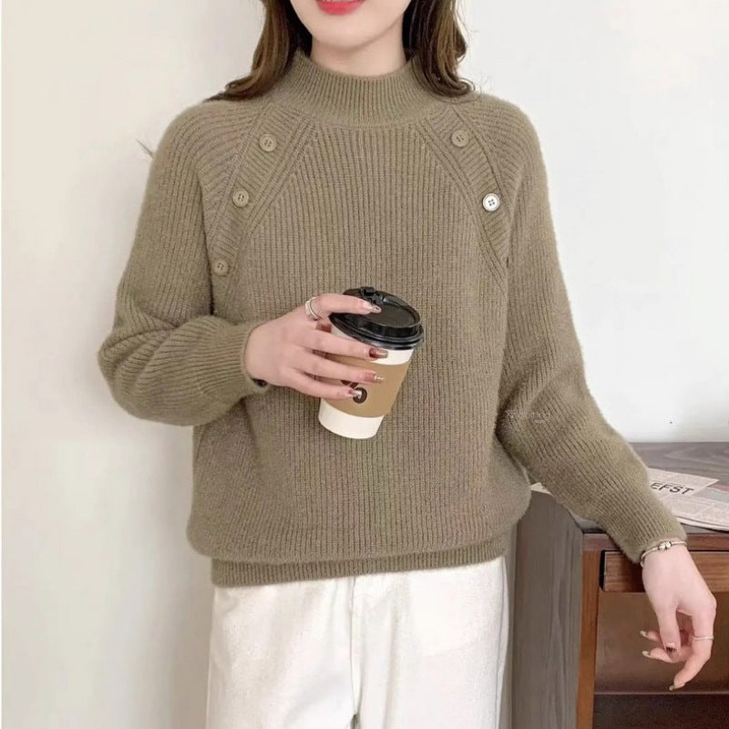 Damen Grobstrickpullover mit modernem Stehkragen und Knopfdetails Drune